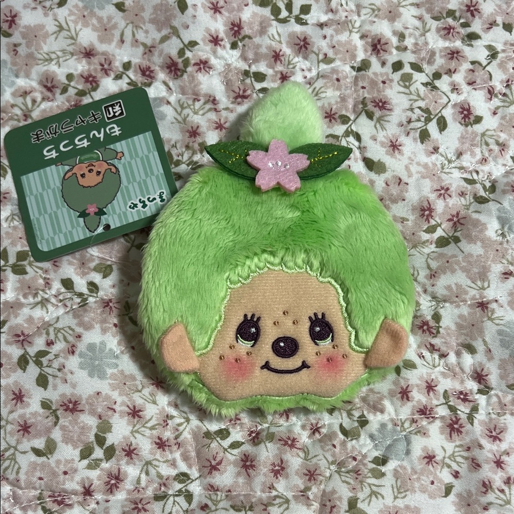 Matcha Monchhichi (girl) Character Coin Pouch with Sakura Leaf Accent